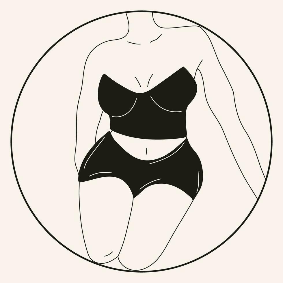 zwart en wit vrouw in bikini . strand ondergoed. liefde en aanvaarden ieder lichaam type. gezond lichaam, lichaam positief, dik aanvaarding beweging, levensstijl en mode concept. hand- getrokken vector illustratie