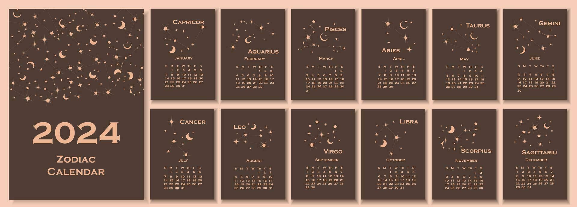 2024 kalender. kalender concept ontwerp met sterrenbeeld van de dierenriem. vector illustratie. reeks van 12 kalender Pagina's.