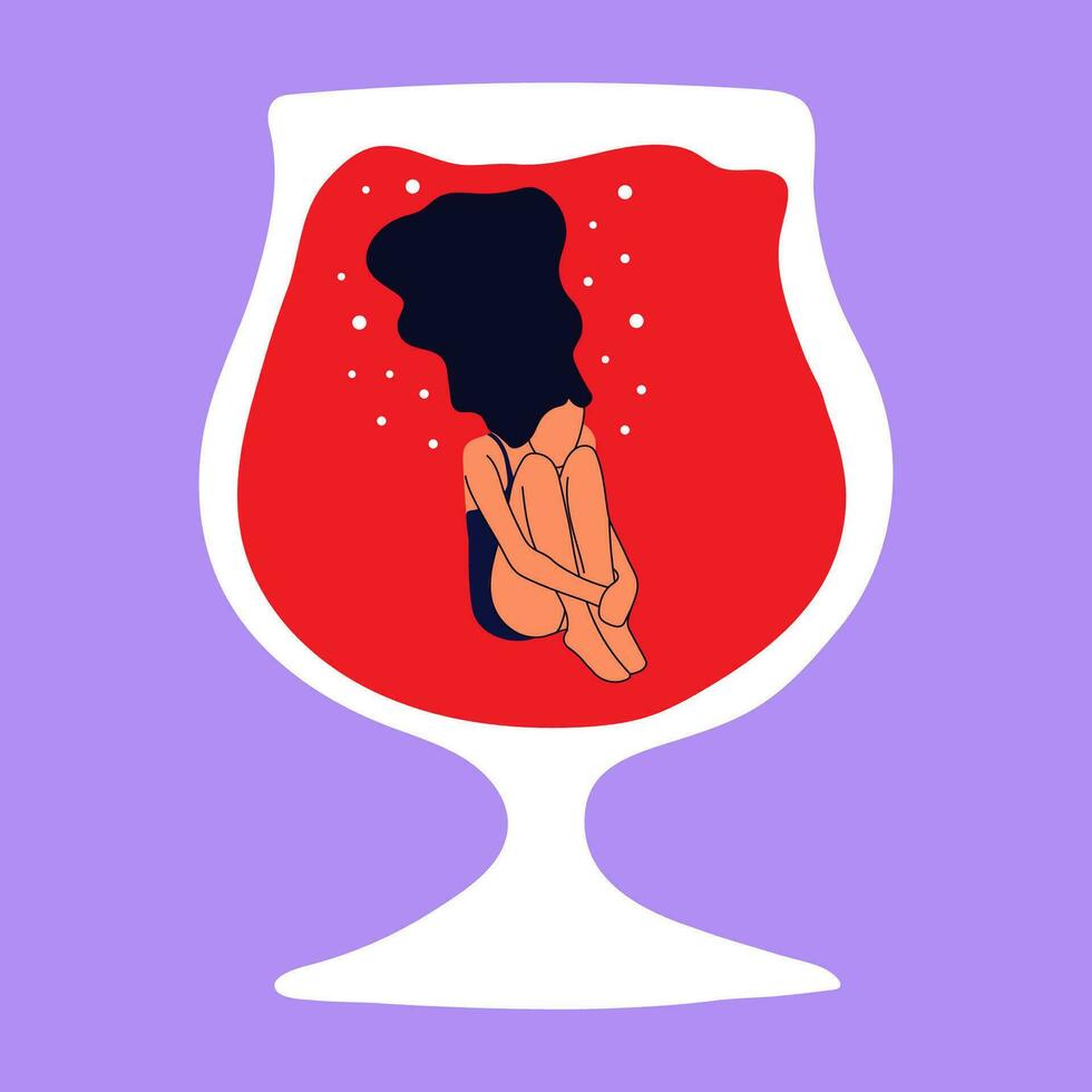 modieus vrouw tekens zwemmen jumping in de glas.mensen lijden van moeilijk drinken. concept illustratie met depressief tekens wastafel in divers alcohol bril. vector