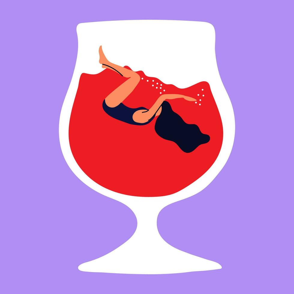 modieus vrouw tekens zwemmen jumping in de glas.mensen lijden van moeilijk drinken. concept illustratie met depressief tekens wastafel in divers alcohol bril. vector