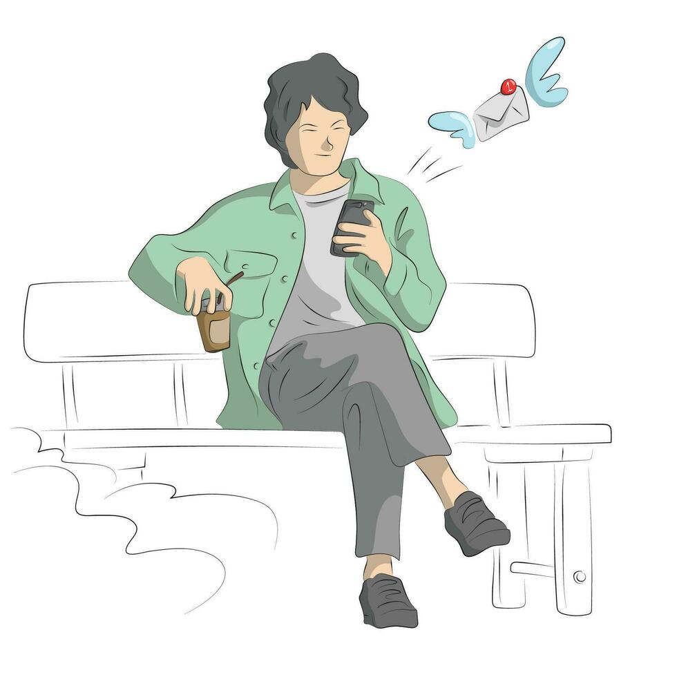 lijn kunst Mens gebruik makend van smartphone naar sturen e-mail in de park met meenemen koffie in hand- illustratie vector hand- getrokken geïsoleerd Aan wit achtergrond