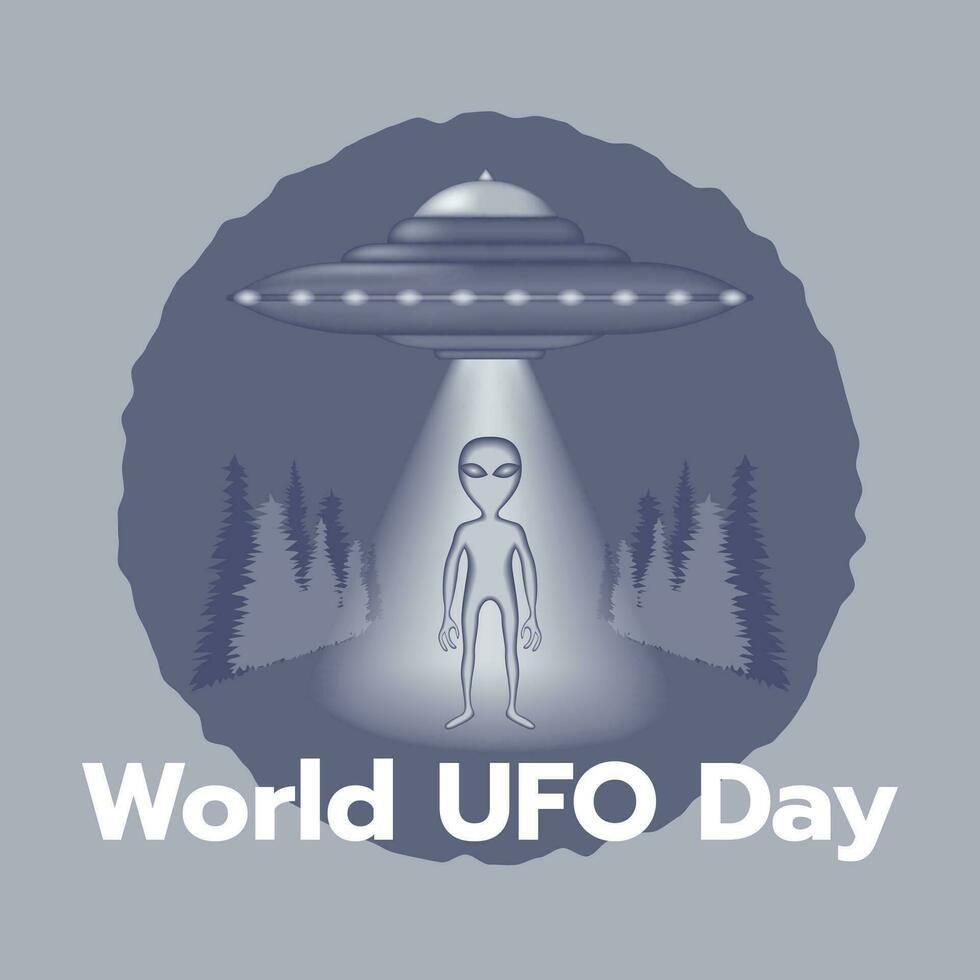 monochroom poster met een vliegend schotel en een buitenaards wezen. ansichtkaart, afdrukken, ronde insigne voor Internationale ufo dag. ufo vliegend in de lucht. vector illustratie.