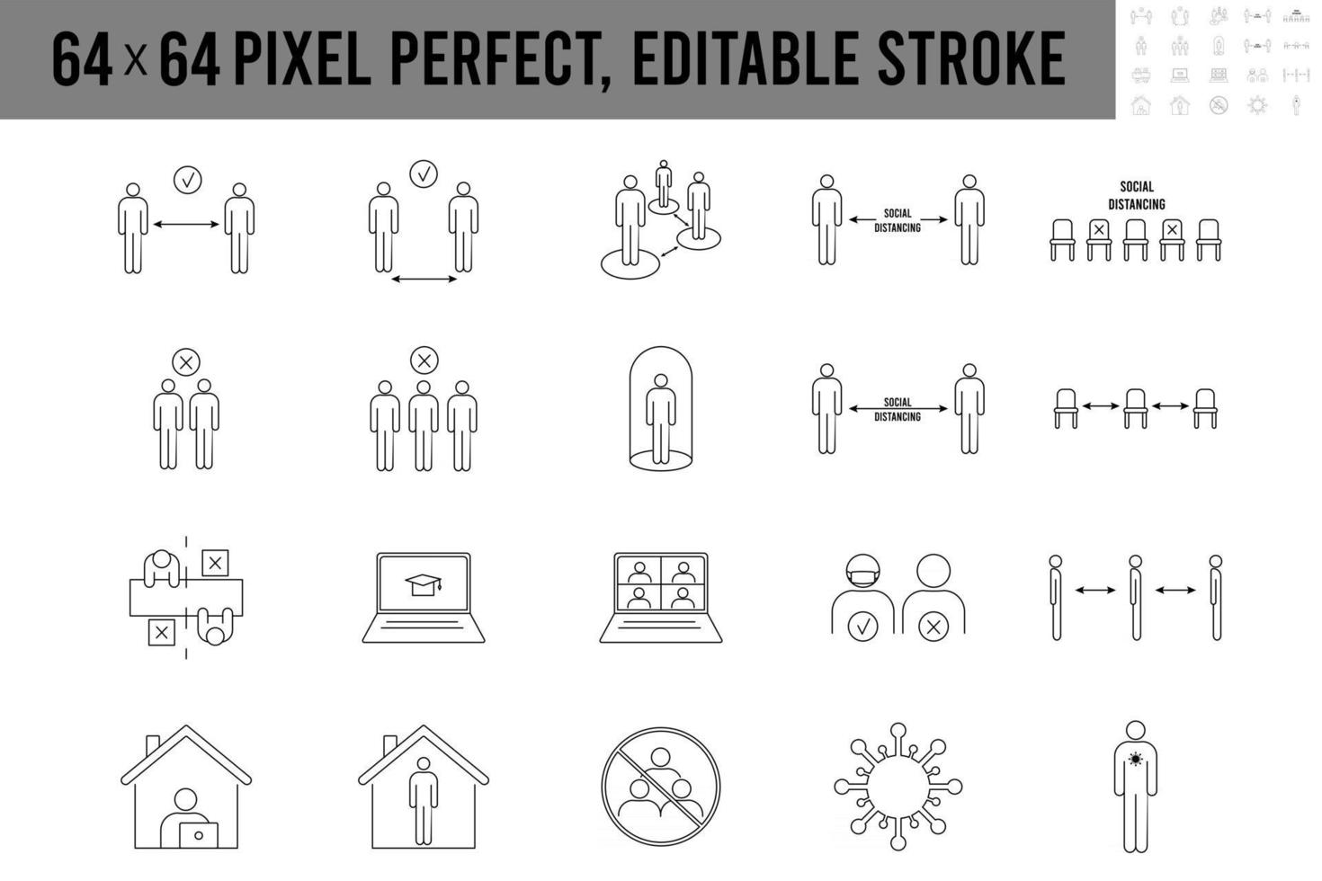 eenvoudige set van sociale afstand pictogram lijn iconen zelf quarantaine blijf thuis werk vanuit huis vector