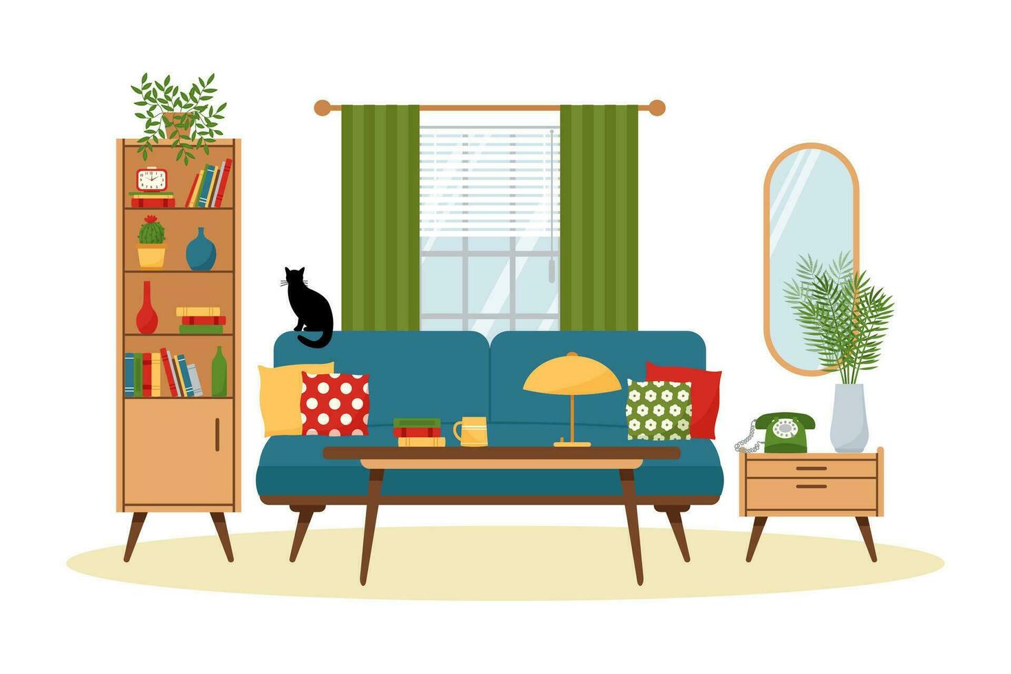 wijnoogst leven kamer interieur met garderobe en bank. retro meubilair reeks in Jaren 60 stijl. vlak vector illustratie.