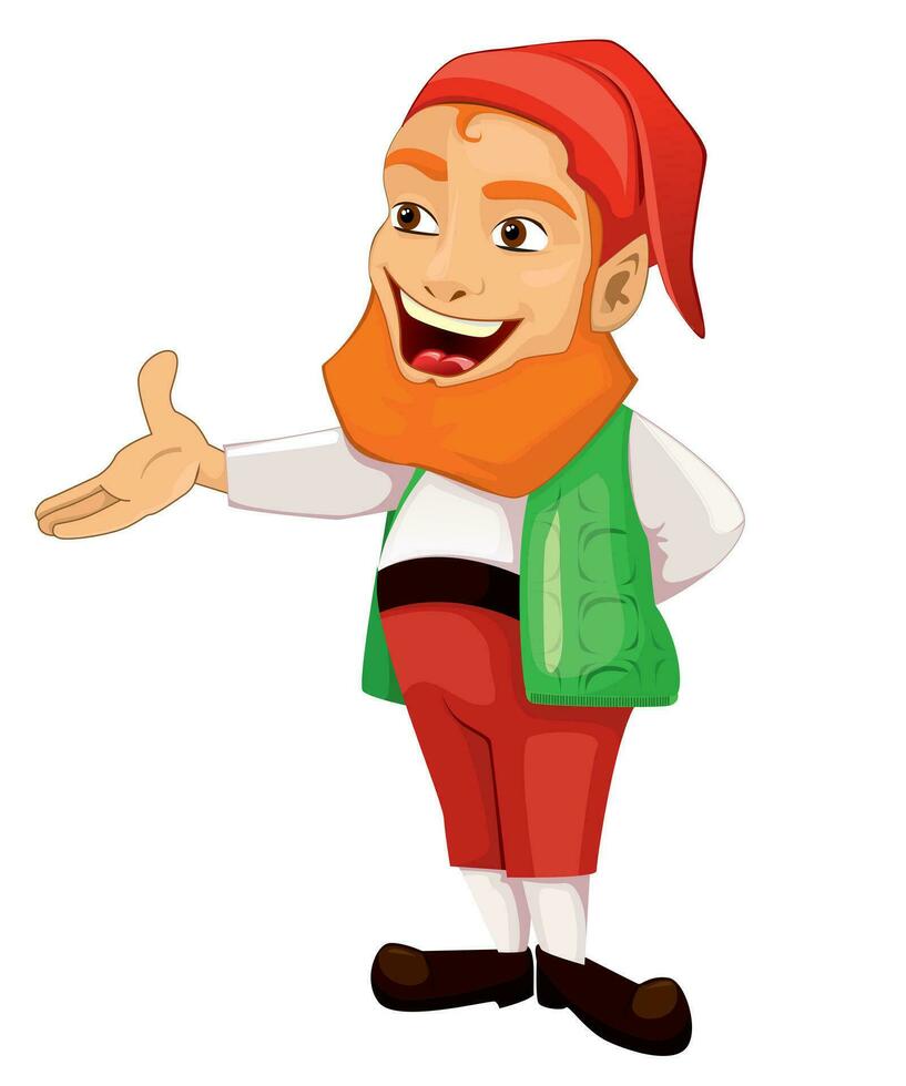 Kerstmis kabouter, santa's helper, elf van Ierse folklore. geeft aan met zijn hand. vector Aan wit achtergrond