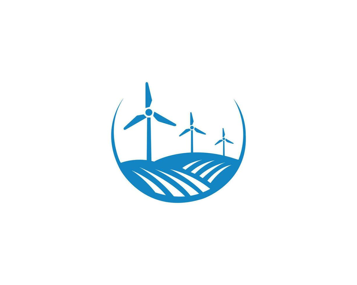 milieu wind turbines met veld- logo ontwerp. schoon energie logo symbool vector icoon.