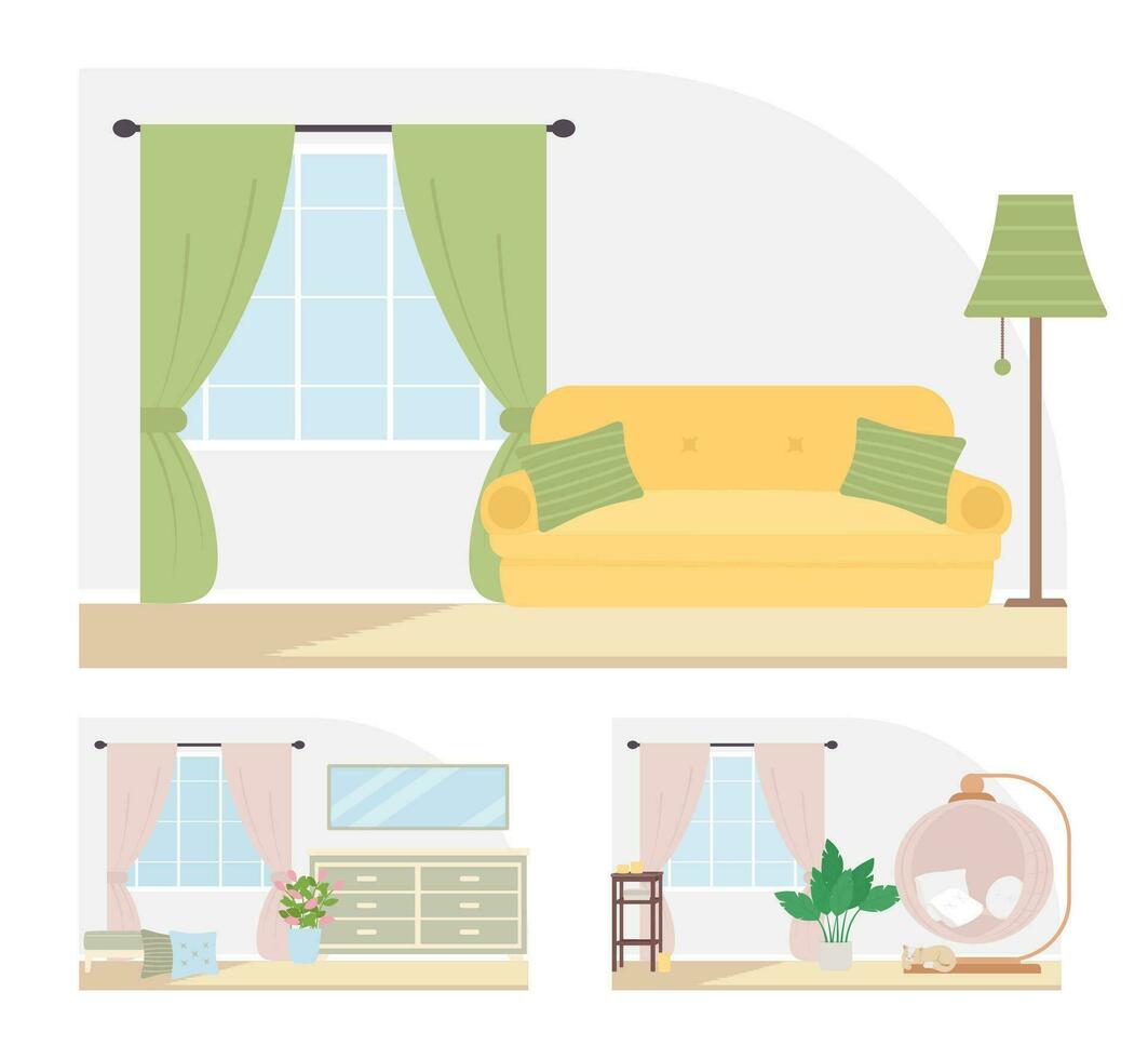 comfortabel huis decor vlak kleur vector illustratie set.