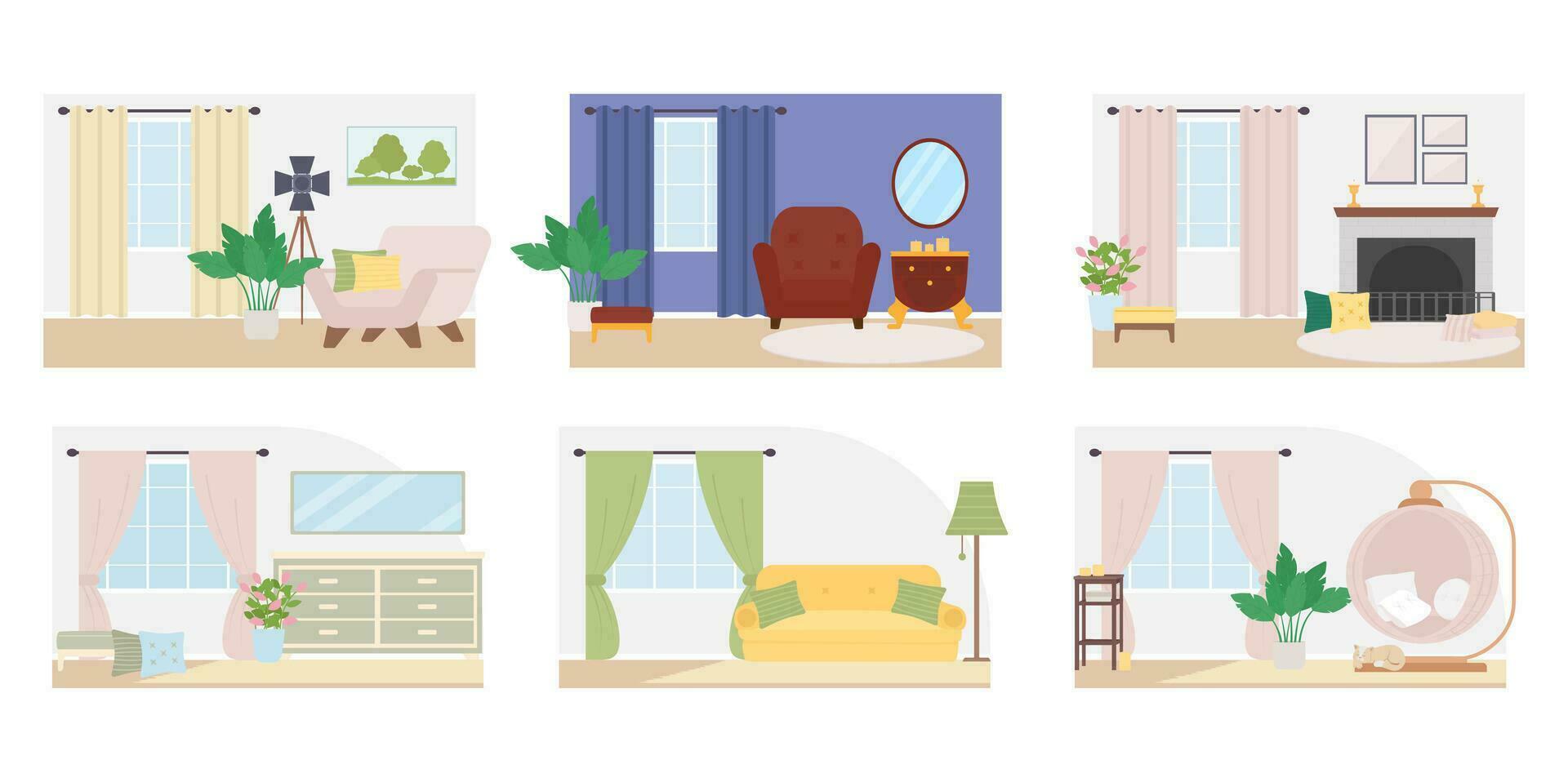 hedendaags huis decor vlak kleur vector illustratie set. leven kamer en huis kantoor