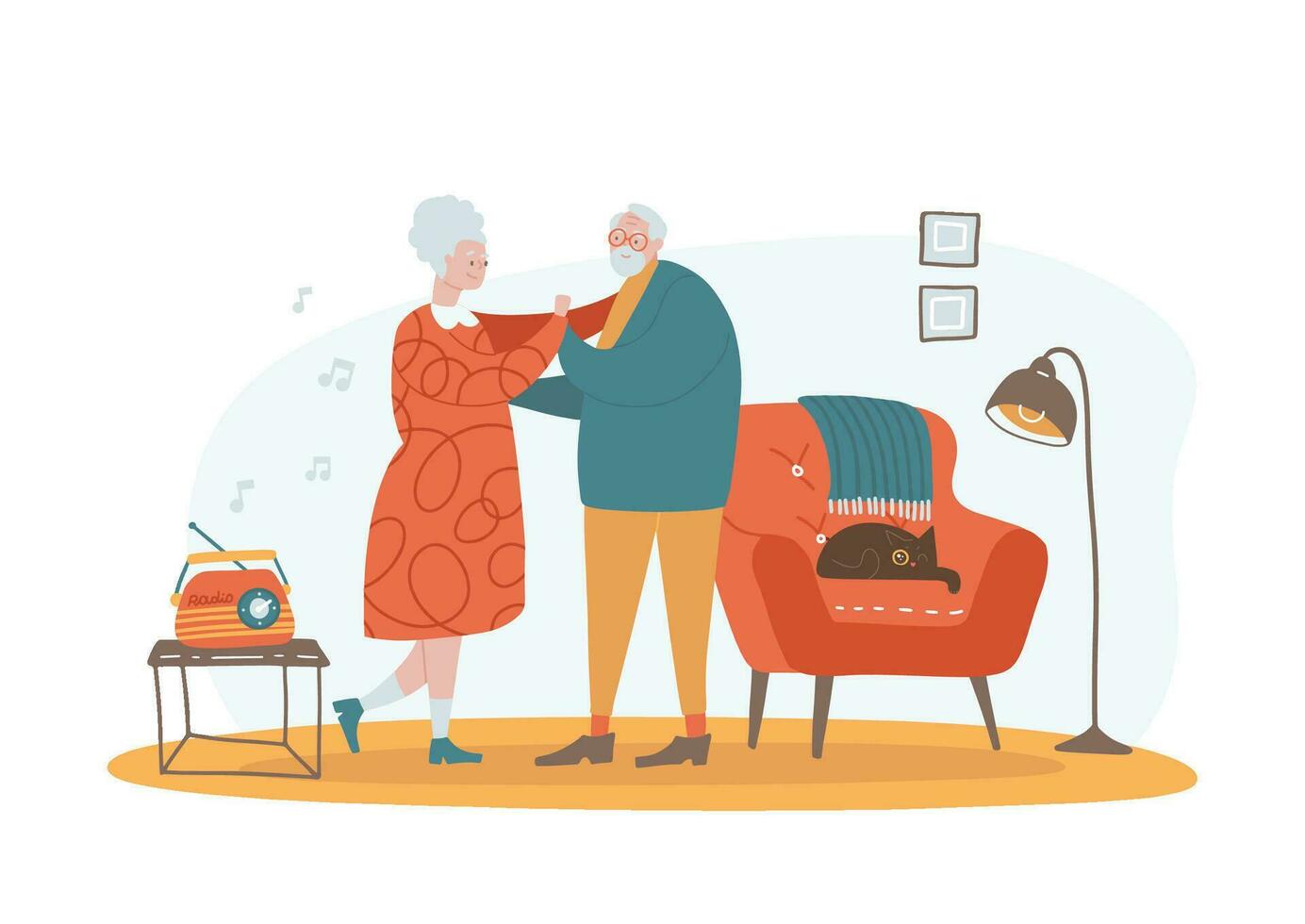 ouderen paar dansen, senior mensen tekenfilm tekens dans Bij huis. gelukkig senior paar samen, ouderen mensen gelukkig pensioen. grootouders dans naar oud muziek. vlak vector illustratie.