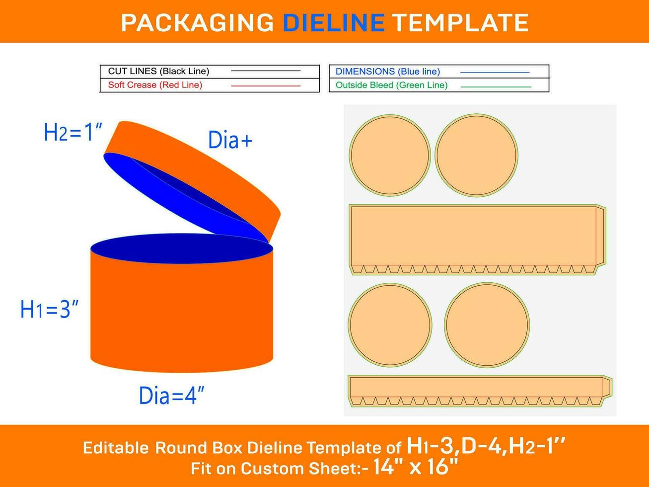 goedkoop hoed doos, ronde deksel doos dieline sjabloon met de dimensie h1 3, d 4, h2 1 inch vector