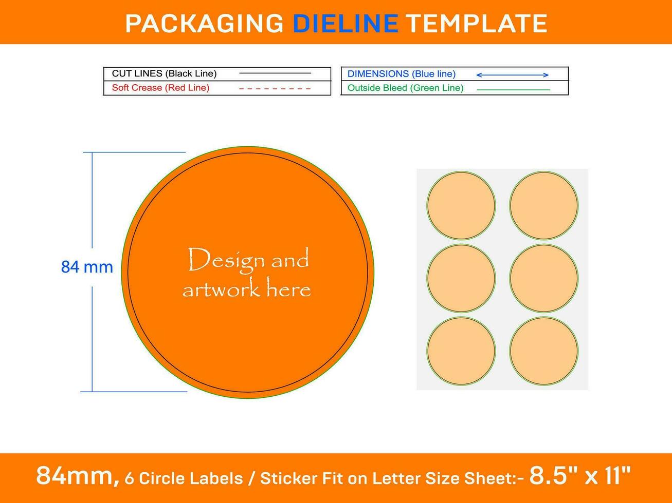 6st 84 mm cirkel etiketten sticker dieline sjabloon vector