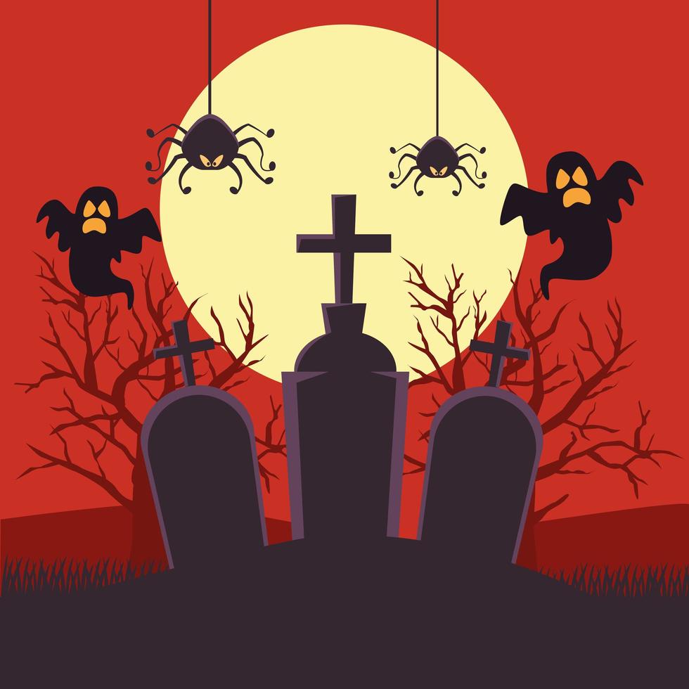 happy halloween-kaart met geesten en spinnen in de nachtscène van de begraafplaats vector