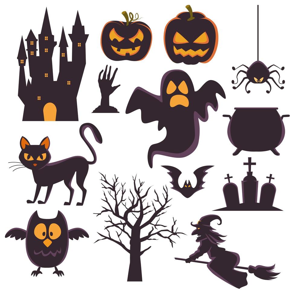 happy halloween-kaart met bundelsetpictogrammen vector