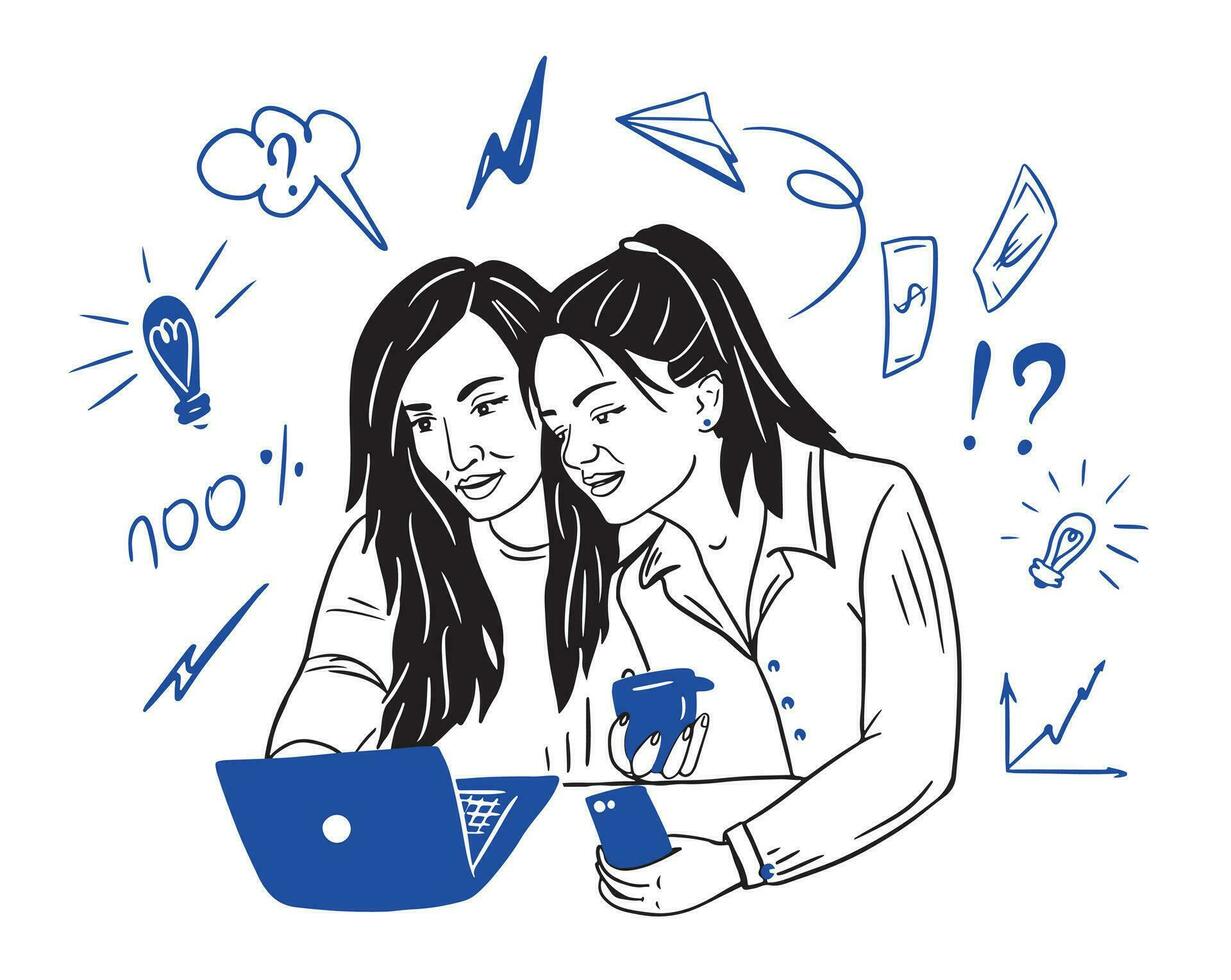twee meisjes hebben bedrijf ideeën in voorkant van laptop.set van bedrijf artikelen.zaken concept.vector illustratie. vector