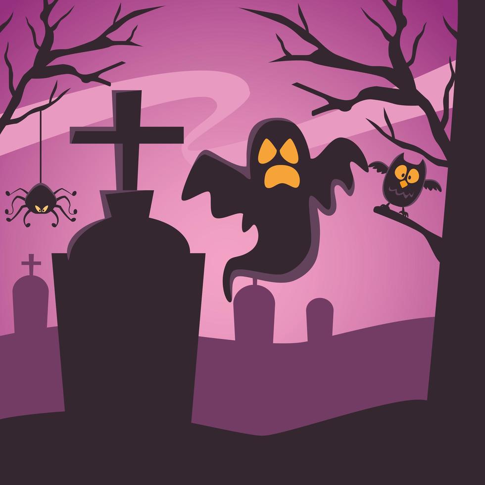 happy halloween-kaart met geesten die op het kerkhof drijven vector
