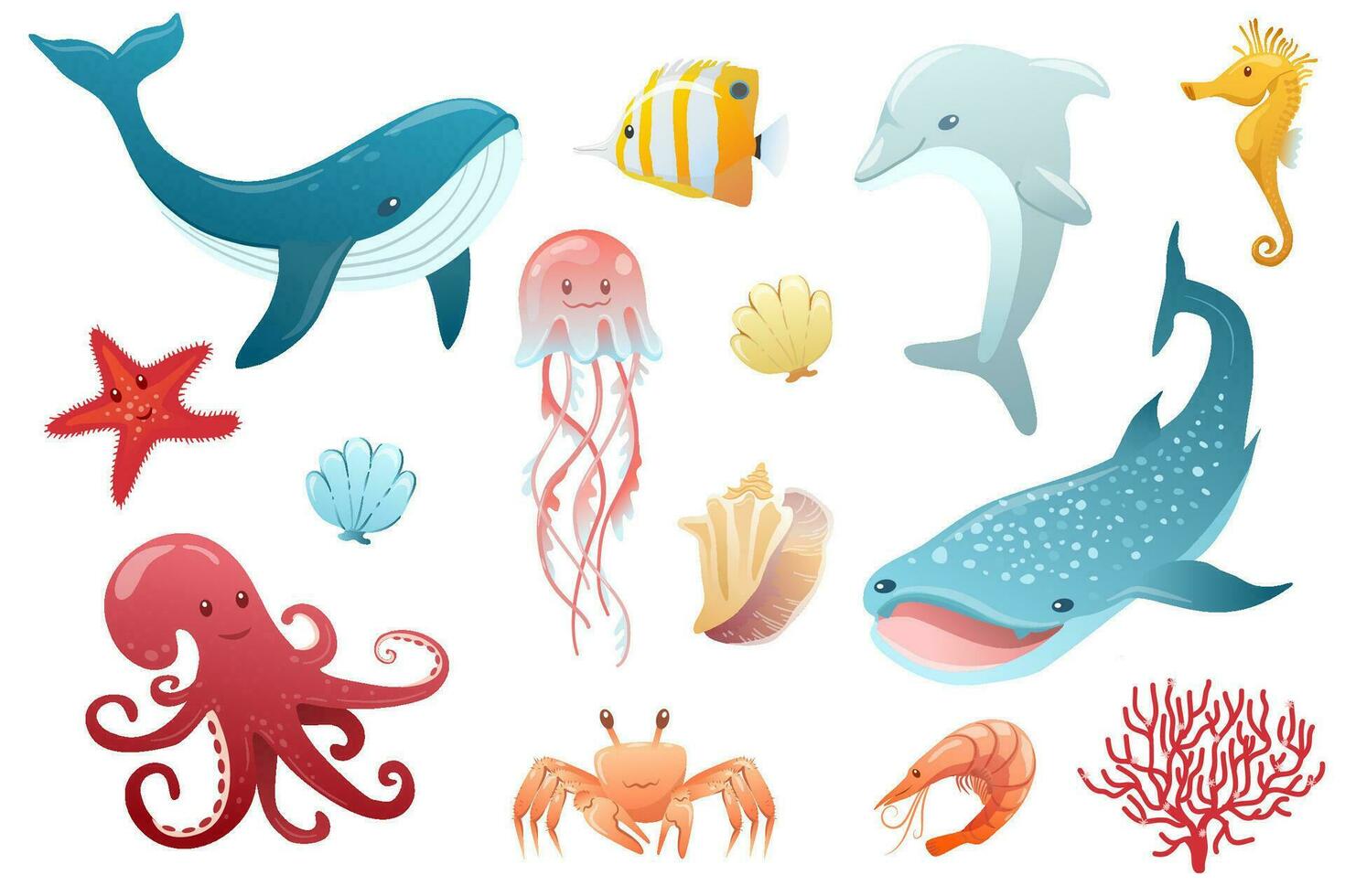 oceaan verzameling met walvis, haai, krab, Octopus, vis vector