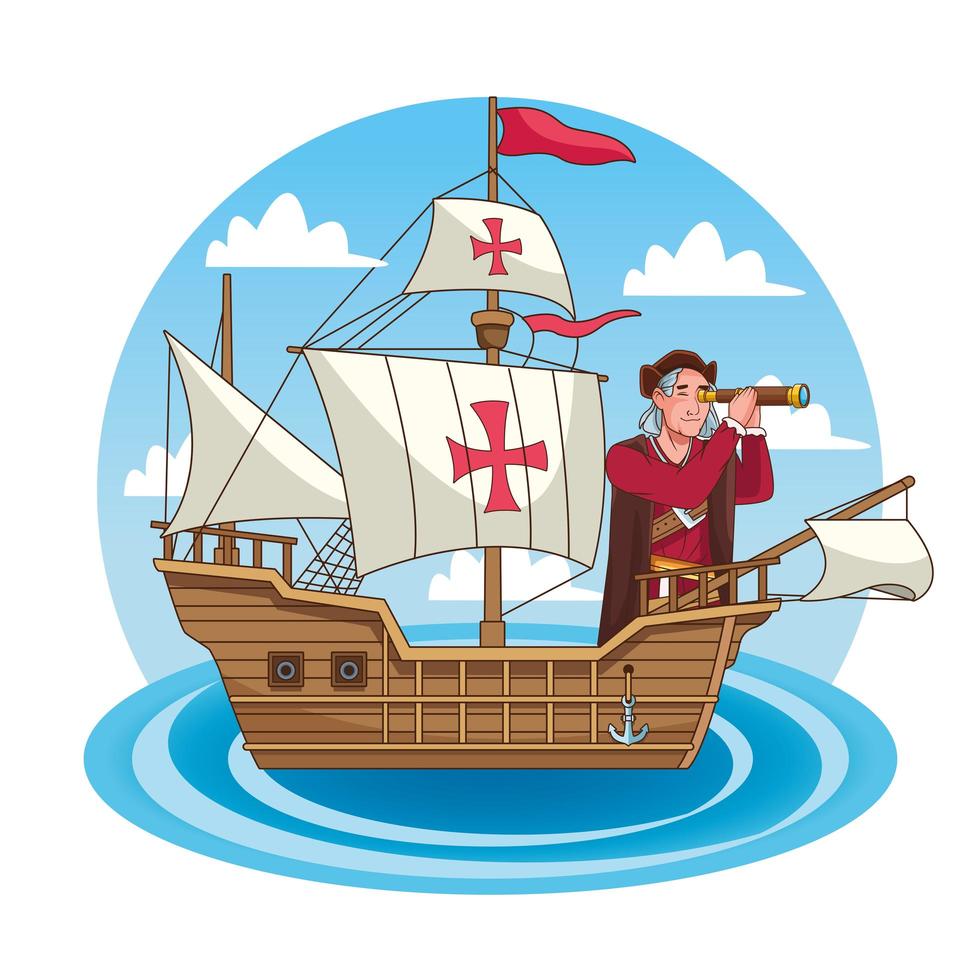 Columbus Day viering scène van christopher met behulp van telescoop in caravel vector