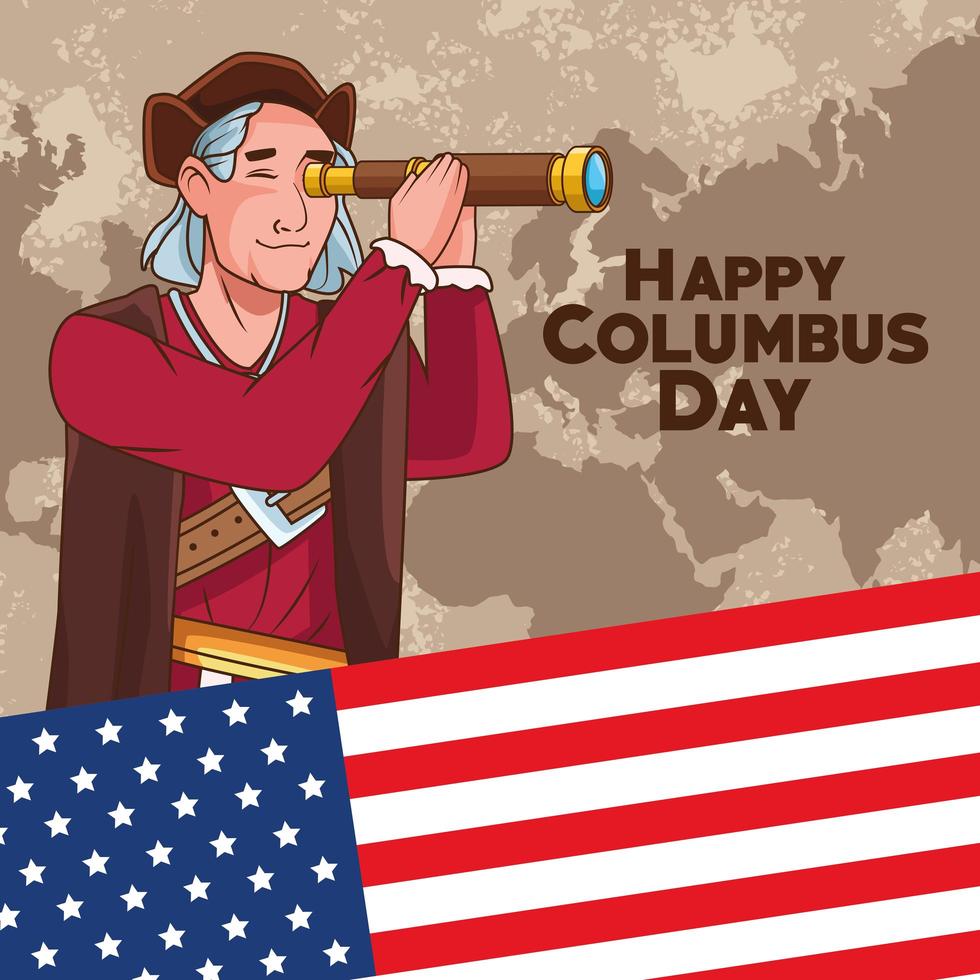 Columbus Day viering scène van christopher met behulp van telescoop en usa vlag vector