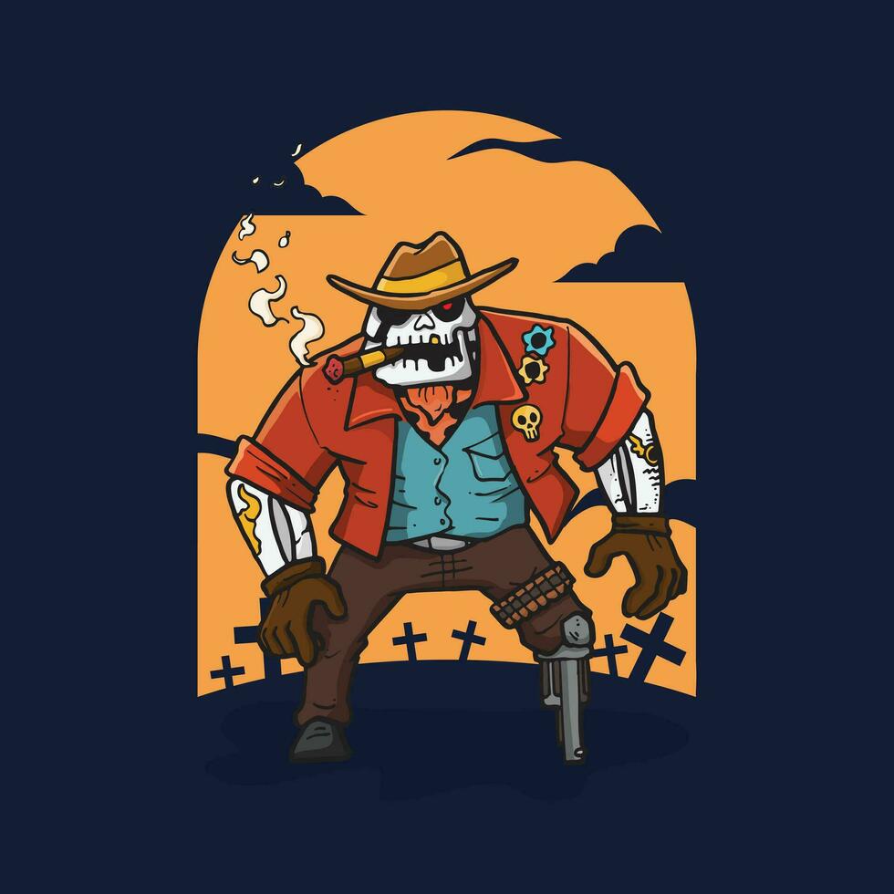 vector illustratie skelet cowboy met geweer been in hand- getrokken tekenfilm stijl