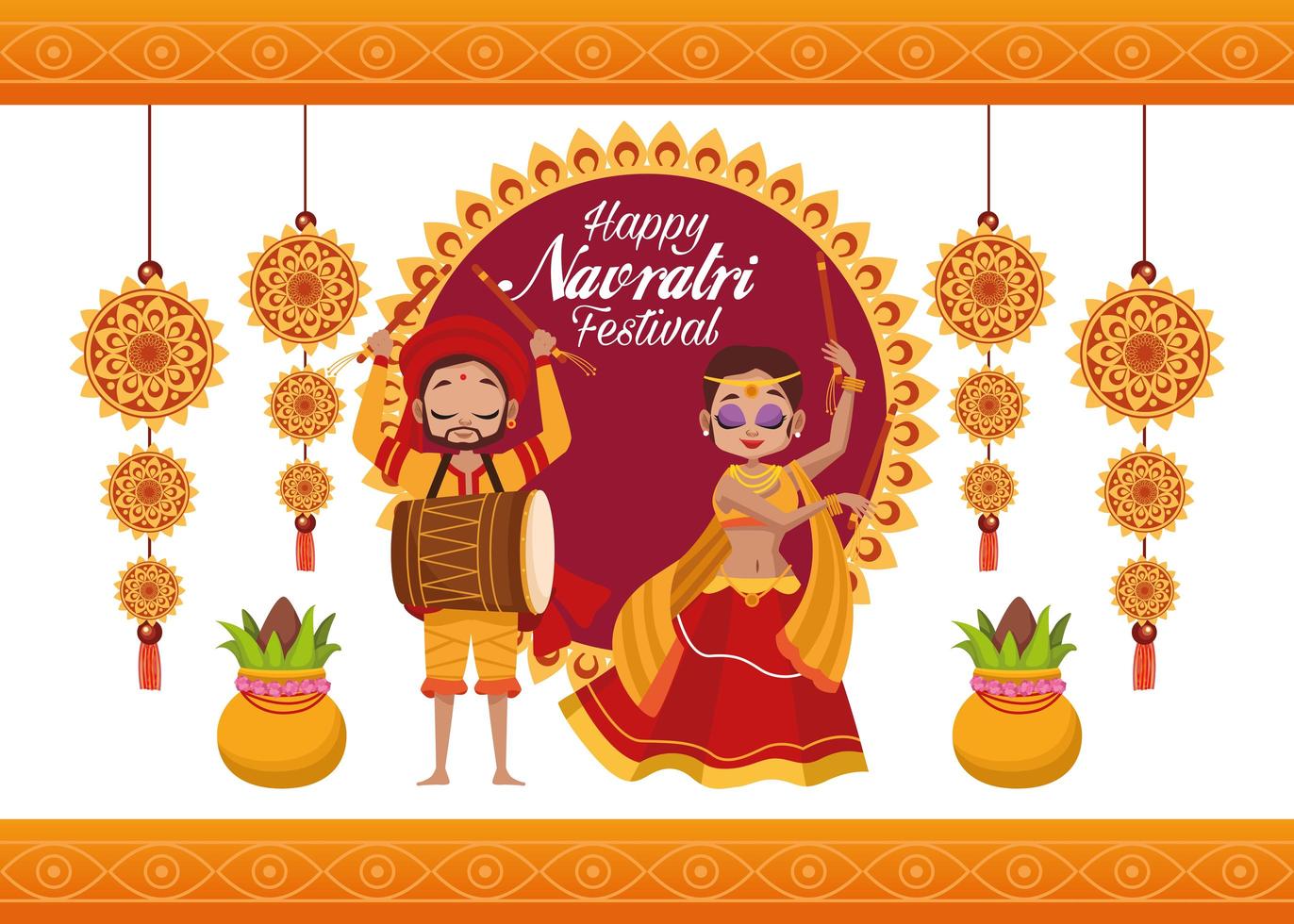 happy navratri viering kaart belettering met vrouw dansen en man drummen man vector