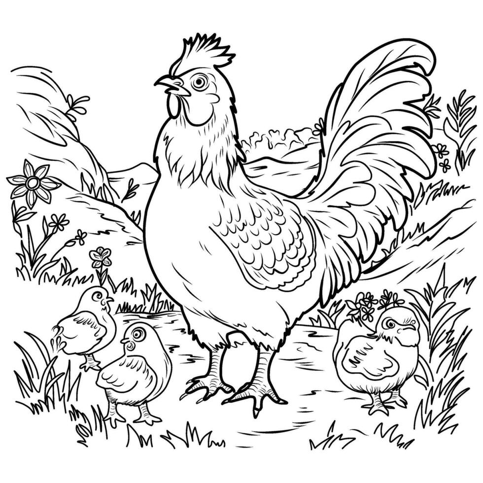 vogel boerderij kleur bladzijde. kippen en kuikens lineair illustratie voor kleur vector
