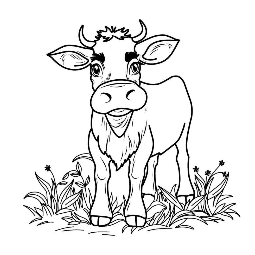 kleur bladzijde van een koe. kalf schattig grappig karakter lineair illustratie kinderen voor kleuren.koe boerderij vector