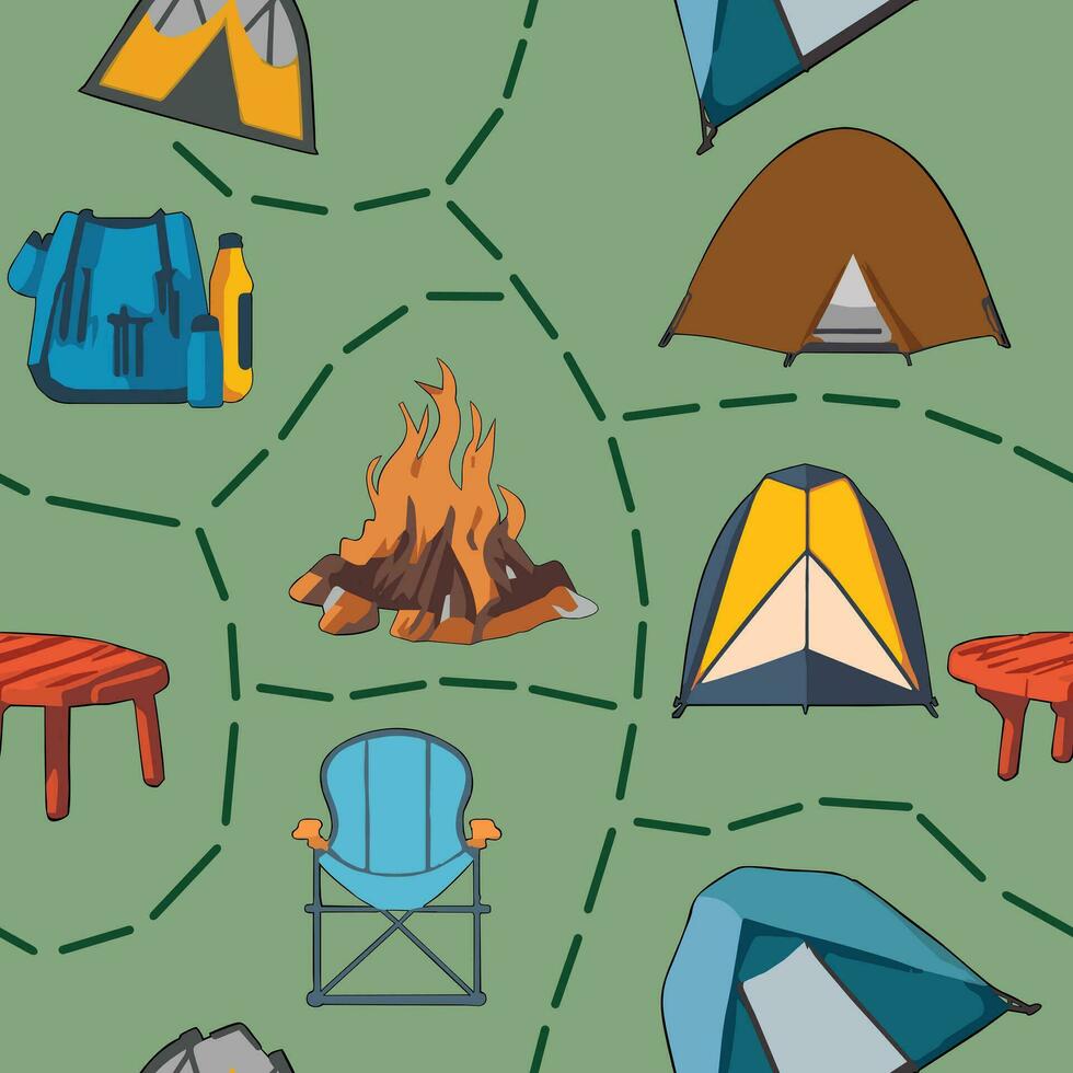 camping element patroon naadloos vector Aan groen achtergrond , camping patroon naadloos behang