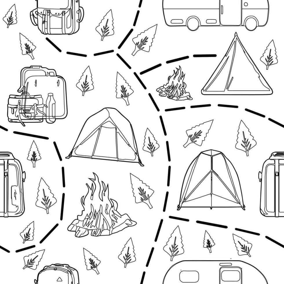 camping element schets patroon naadloos vector Aan wit achtergrond , camping patroon naadloos behang