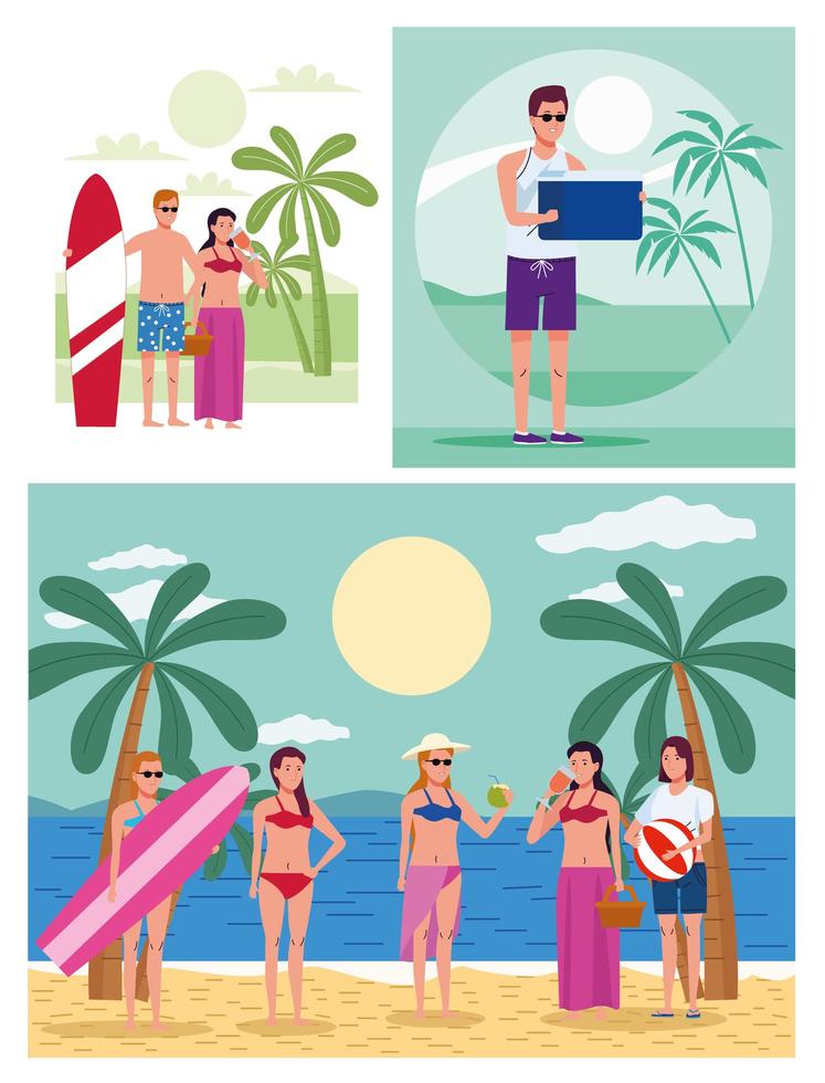 jonge mensen die zwemkleding dragen op het strand, personages zetten scènes in vector