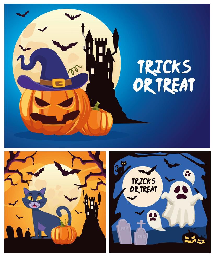 halloween-trucs of belettering met zwevende scènes van kasteel en geesten vector