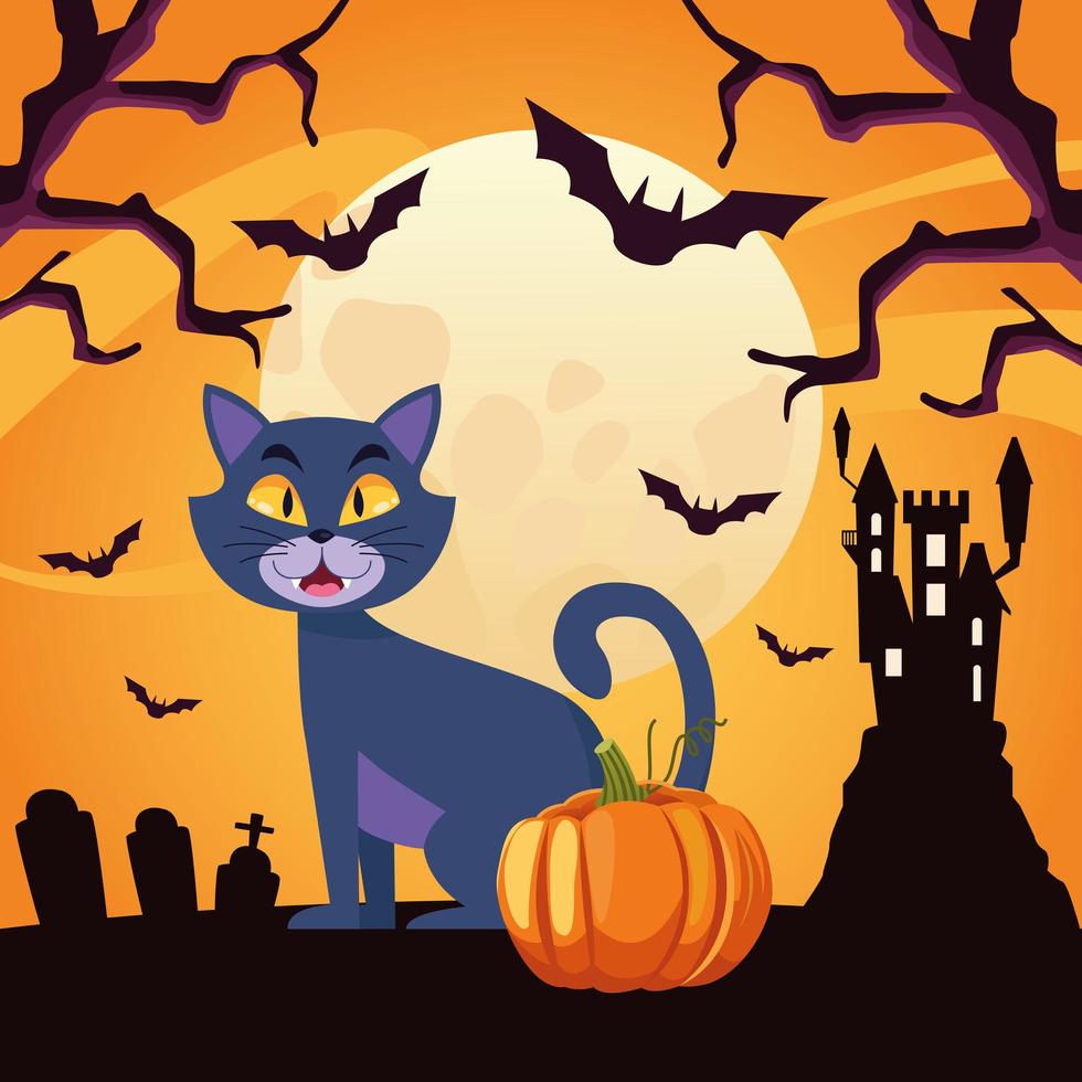 happy halloween-kaart met kat en pompoen in kasteel vector