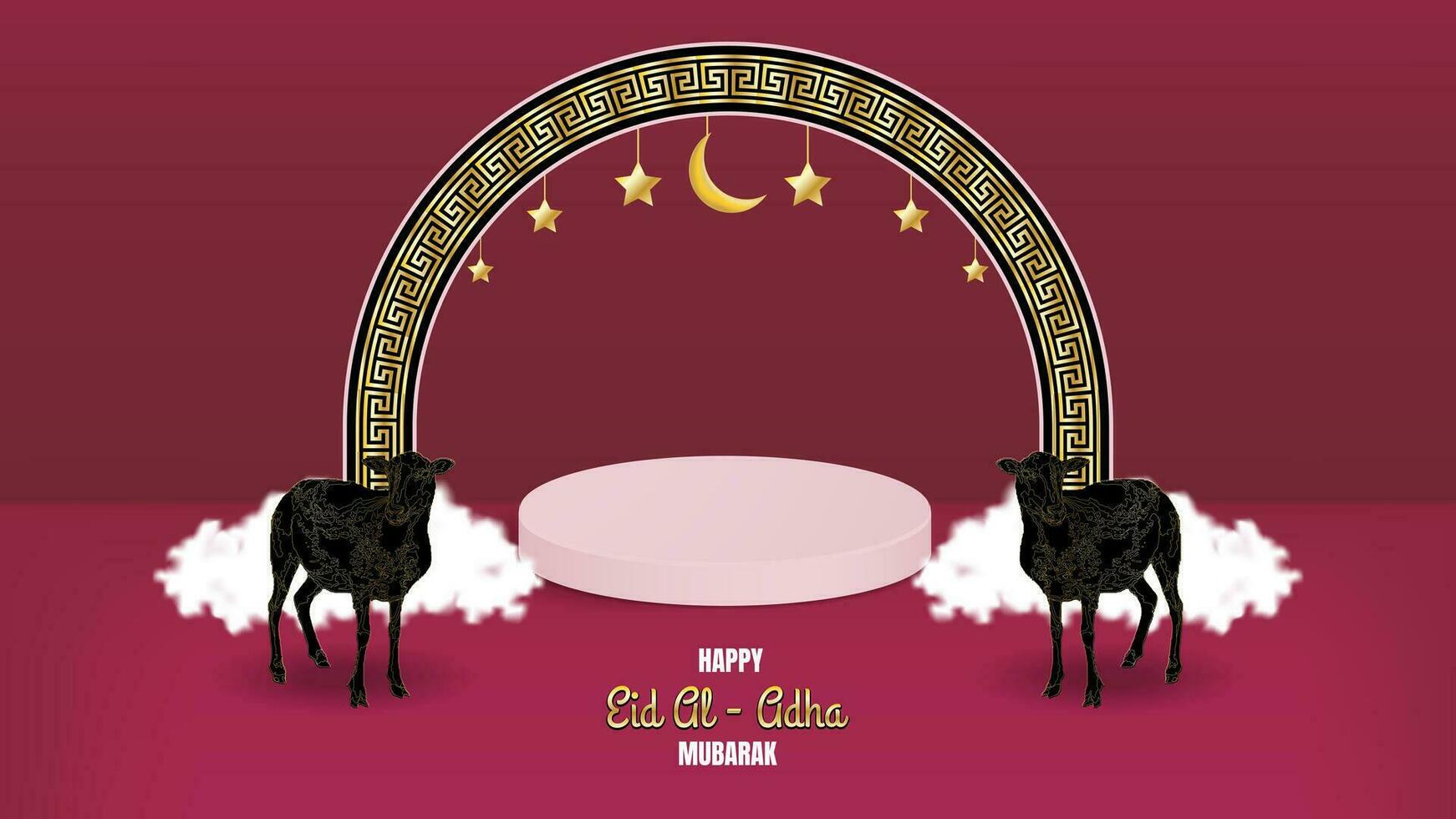 eid al adha Islamitisch sjabloon de viering van moslim, met 3d podium, geit en goud ornament. vector