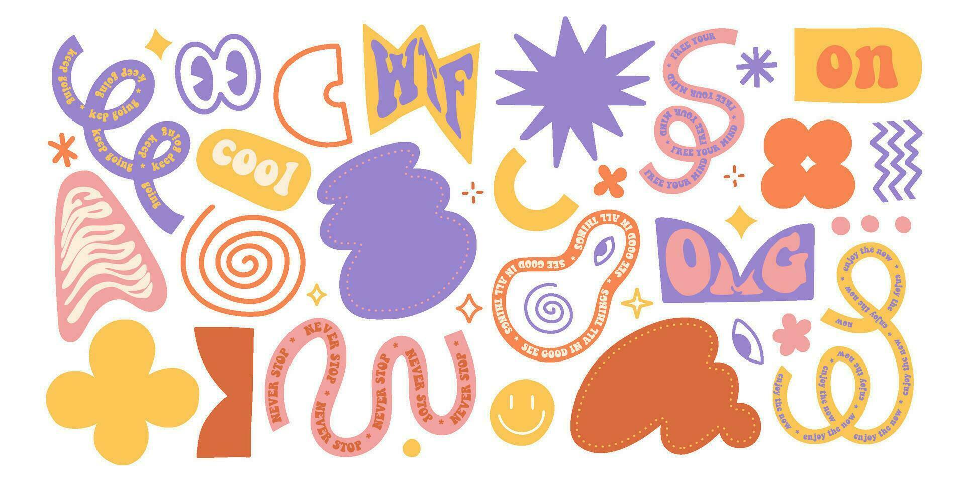 naief speels hand- getrokken abstract vormen stickers set. jaren 80-90 groovy meetkundig vormen met typografie in modieus retro stijl. vector vlak illustratie met golvend elementen. brutalisme esthetisch verzameling
