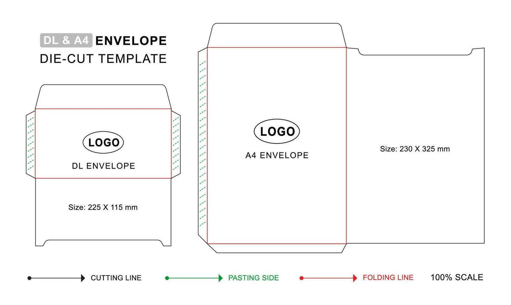 envelop dood gaan besnoeiing sjabloon voor a4 en dl, wit envelop mockup vector