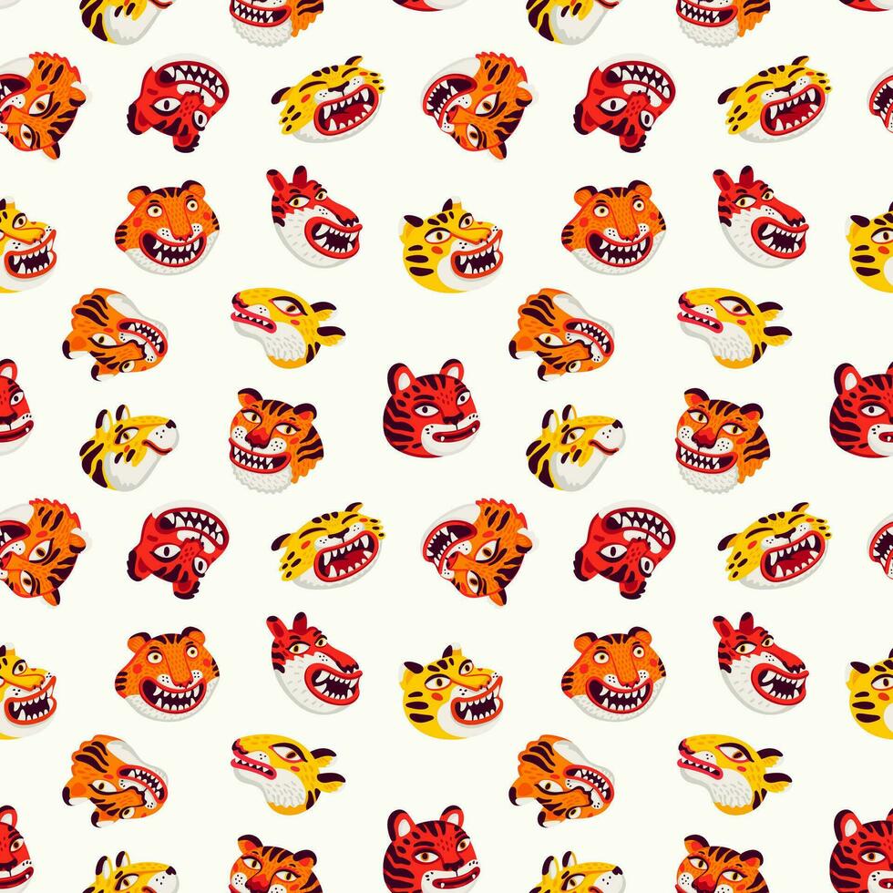 tijger naadloos patroon, vector dier afdrukken met schattig tijgers gezichten. biologisch vlak stijl vector illustratie.