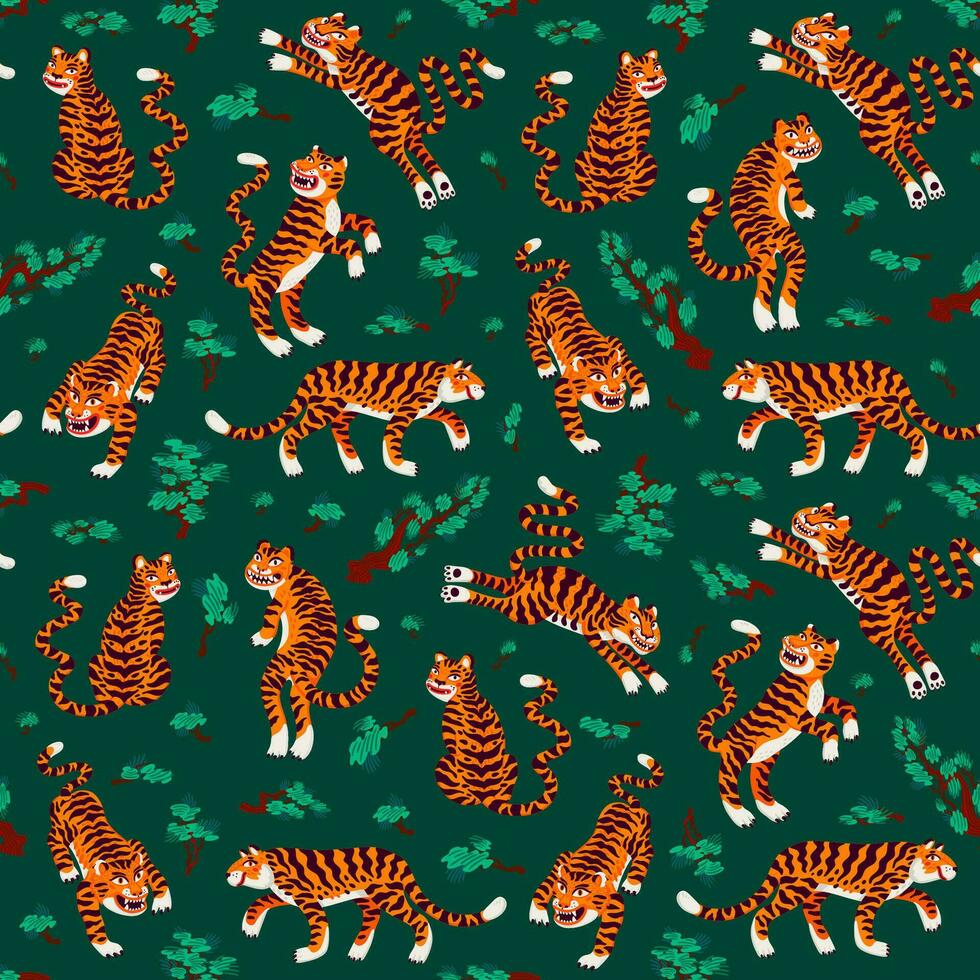 tijger naadloos patroon, vector dier afdrukken met schattig tijgers en Japans pijnboom takken. biologisch vlak stijl vector illustratie.