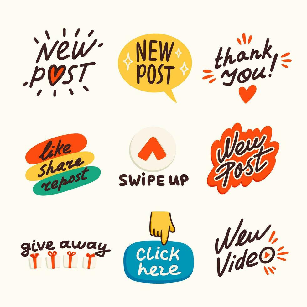 sociaal media stickers, nieuw na, nieuw video, geven weg, enz. maken een blog of vlog vector vlak illustratie. reeks van tekenfilm pictogrammen voor maken verhalen of internet inhoud.