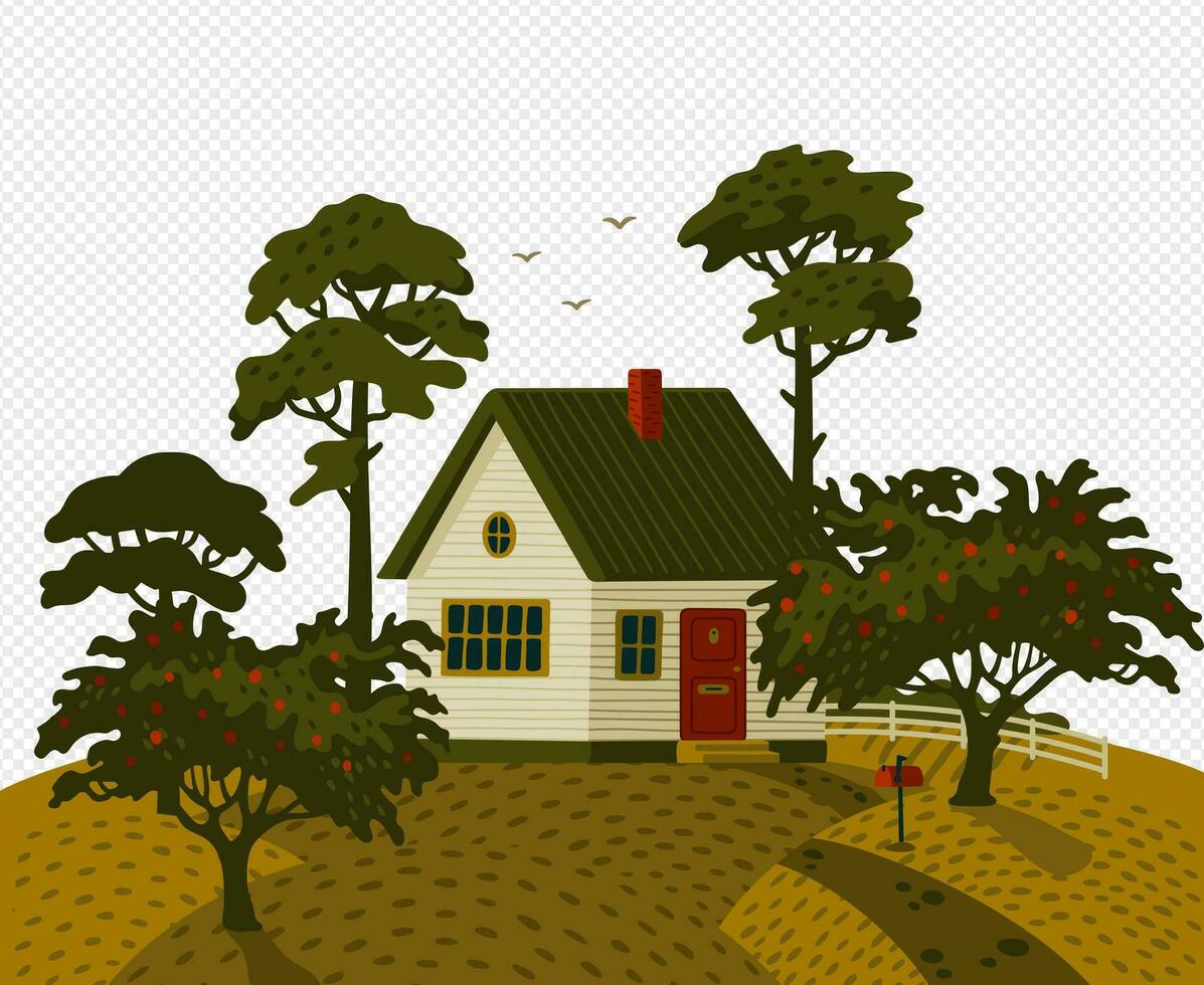 boerderij huis. landelijk landschap met wit platteland huis in rustiek stijl en groen fruit tuin. vector