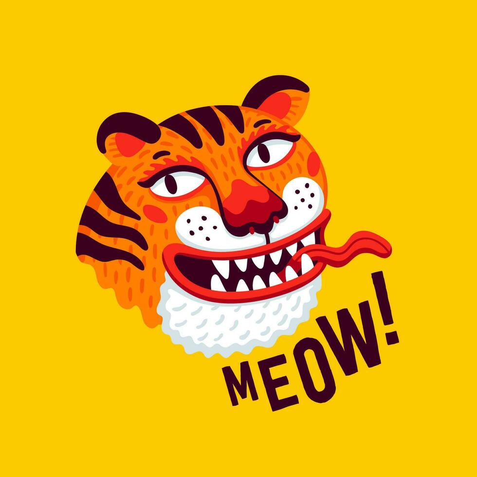 tijger vector hoofd, tekenfilm tijger grappig gezicht en mauw tekst Aan geel achtergrond. biologisch vlak stijl vector illustratie.