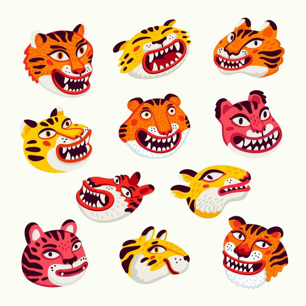 tijger vector hoofden set, tekenfilm tijger grappig gezichten Aan wit achtergrond. biologisch vlak stijl vector illustratie..