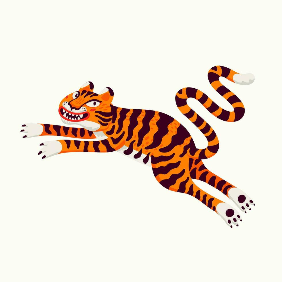 tijger vector illustratie, jumping tekenfilm tijger Aan wit achtergrond. biologisch vlak stijl vector illustratie