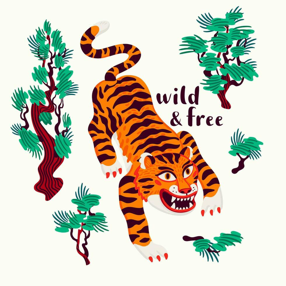 tijger vector illustratie, wild en vrij tekst en tekenfilm tijger sluipen door Japans pijnboom bomen. biologisch vlak stijl vector illustratie.