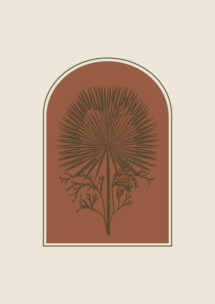 palm bladeren in boog hand- getrokken illustratie poster. neutrale boho muur kunst afdrukken vector