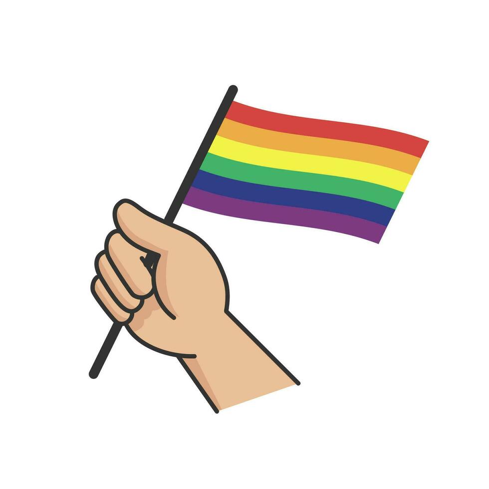 hand- Holding lgbt regenboog vlag. tekenfilm arm tekening Holding trots symbool. geslacht verscheidenheid vertegenwoordiging. vector