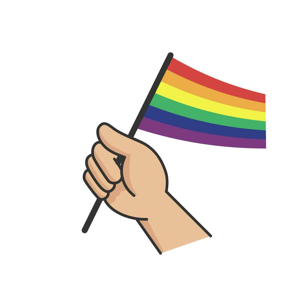 hand- Holding lgbt regenboog vlag. tekenfilm arm tekening Holding trots symbool. geslacht verscheidenheid vertegenwoordiging. vector