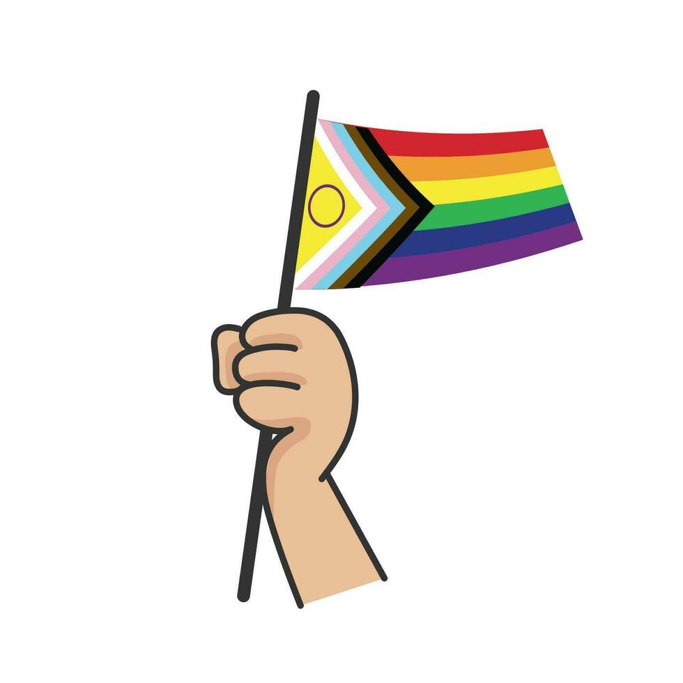 hand- Holding lgbt regenboog vlag. tekenfilm arm tekening Holding trots symbool. geslacht verscheidenheid vertegenwoordiging. vector