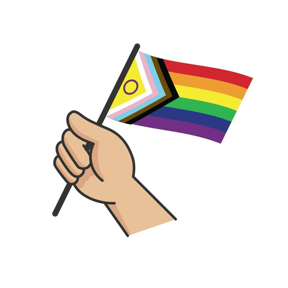 hand- Holding lgbt regenboog vlag. tekenfilm arm tekening Holding trots symbool. geslacht verscheidenheid vertegenwoordiging. vector