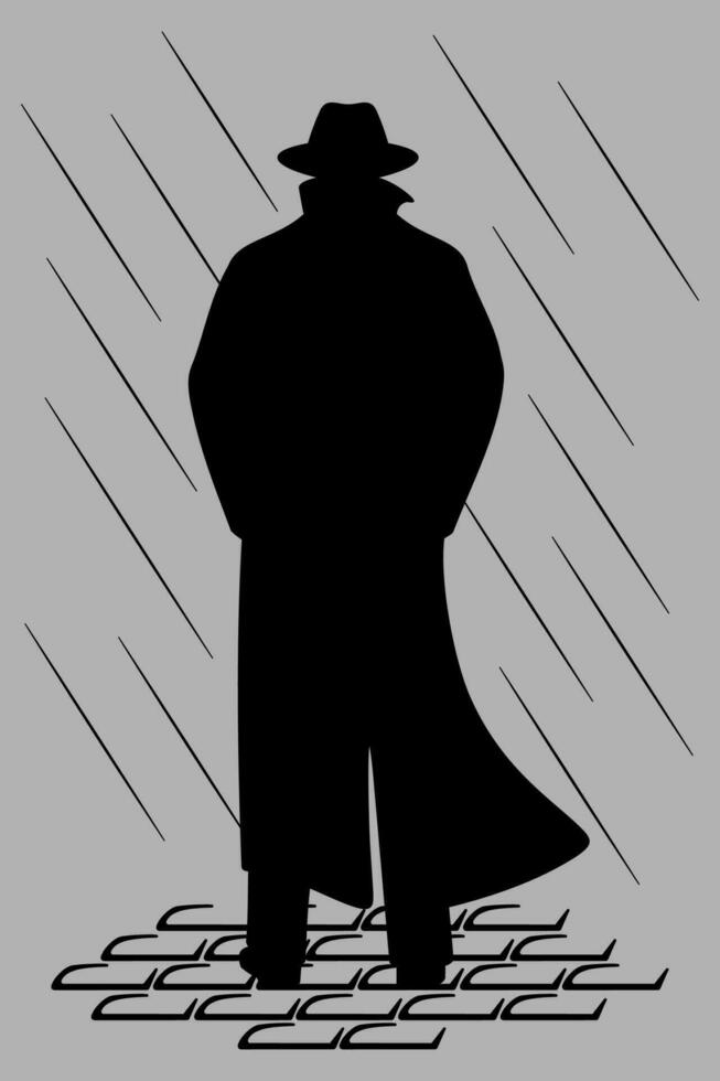 Mens in hoed en mantel staand in de nacht regen. vector illustratie.