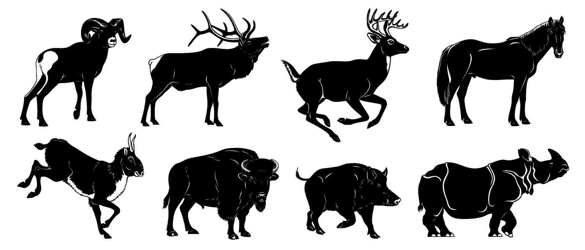 hoefdieren dieren silhouetten set. grote hoorn, eland, hert, mustang, saiga, bizon, wild varken, neushoorn. vector cliparts geïsoleerd Aan wit.