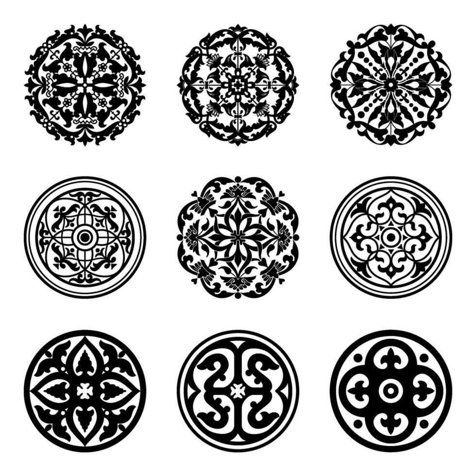 bloemen circulaire ornamenten. vector silhouetten geïsoleerd Aan wit.